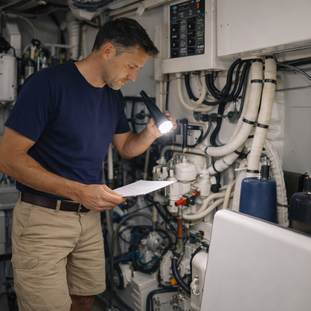 Saylor inspecting vessel systems during a routine care visit